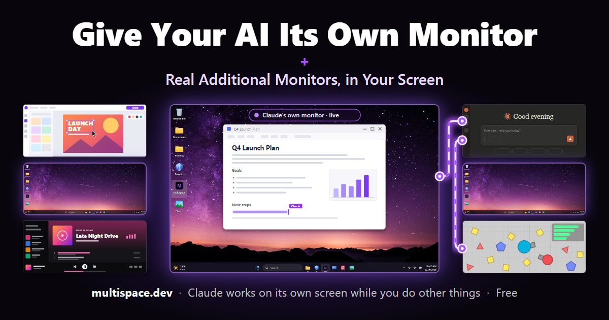 Show HN: Free Unlimited Virtual Monitors+Watch Claude Work on Them+Community